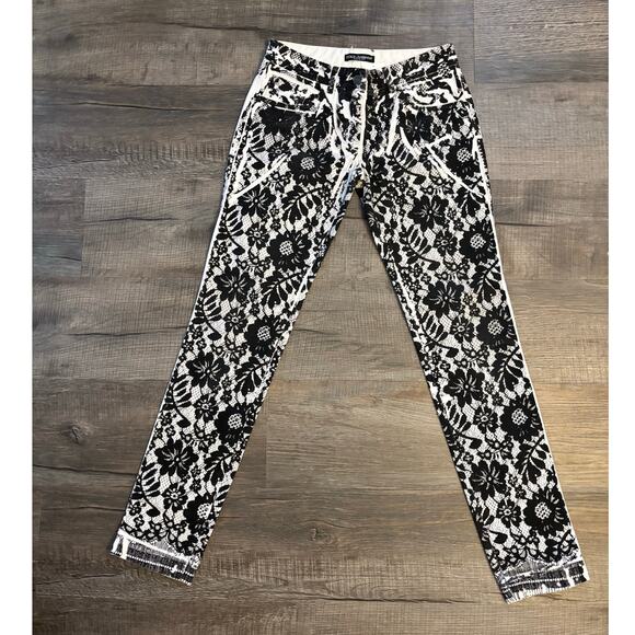 Y2K Dolce & Gabbana Lace Print Skinny Jeans Blk Wht Low Rise XS IT28 Designer - Picture 2 of 10
